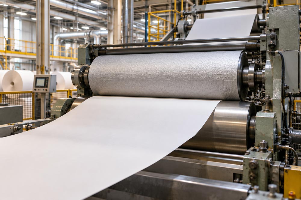 Paper moving through large textured rollers in a paper mill to create a surface finish.