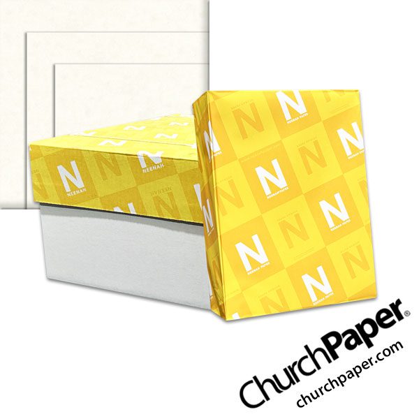 Neenah Astroparche® White paper and cardstock with yellow Neenah ream packaging and soft white parchment-style sheets displayed in the background.