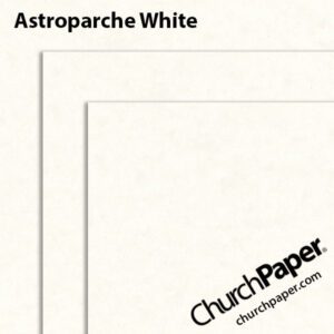 Neenah Astroparche® White paper and cardstock swatch showing soft white parchment-style sheets with subtle mottling and layered sheet corners from Church Paper.