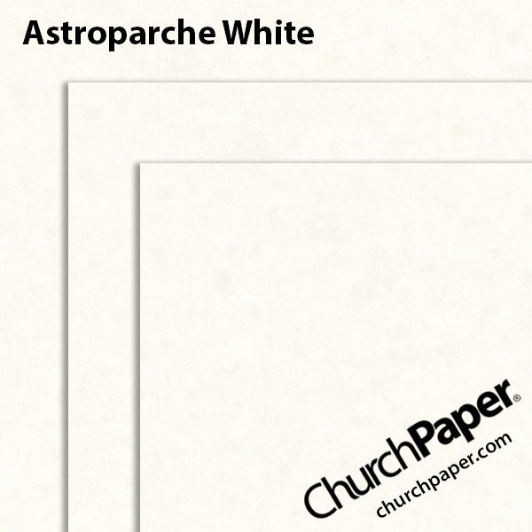 Neenah Astroparche® White paper and cardstock swatch showing soft white parchment-style sheets with subtle mottling and layered sheet corners from Church Paper.